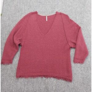 Free People Sweater Womens Small Burgundy Oversized V Neck Fringe Hem Wool Linen